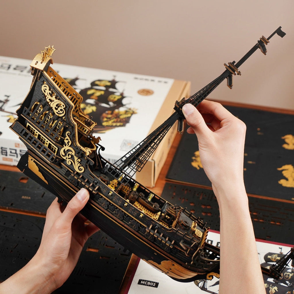 ROKR Seahorse Barque 3D Wooden Puzzle, 1:100 Scale Ship Model Diy Building Toy for Adults Gift