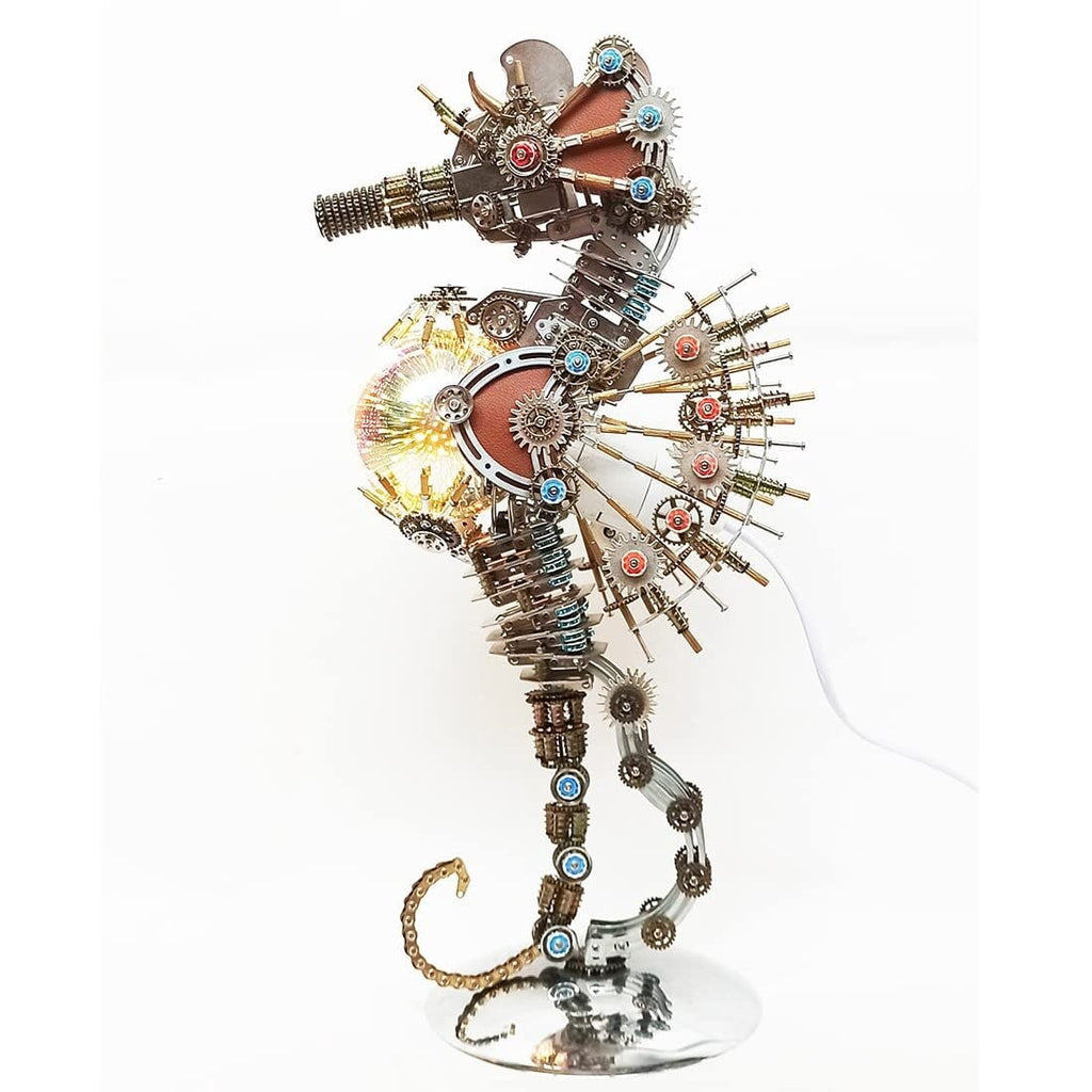 3D Metal Puzzles Steampunk Seahorse Lamp - 2100PCS Mechanical Model Kit with 16 Color Light for Unique Home Decor