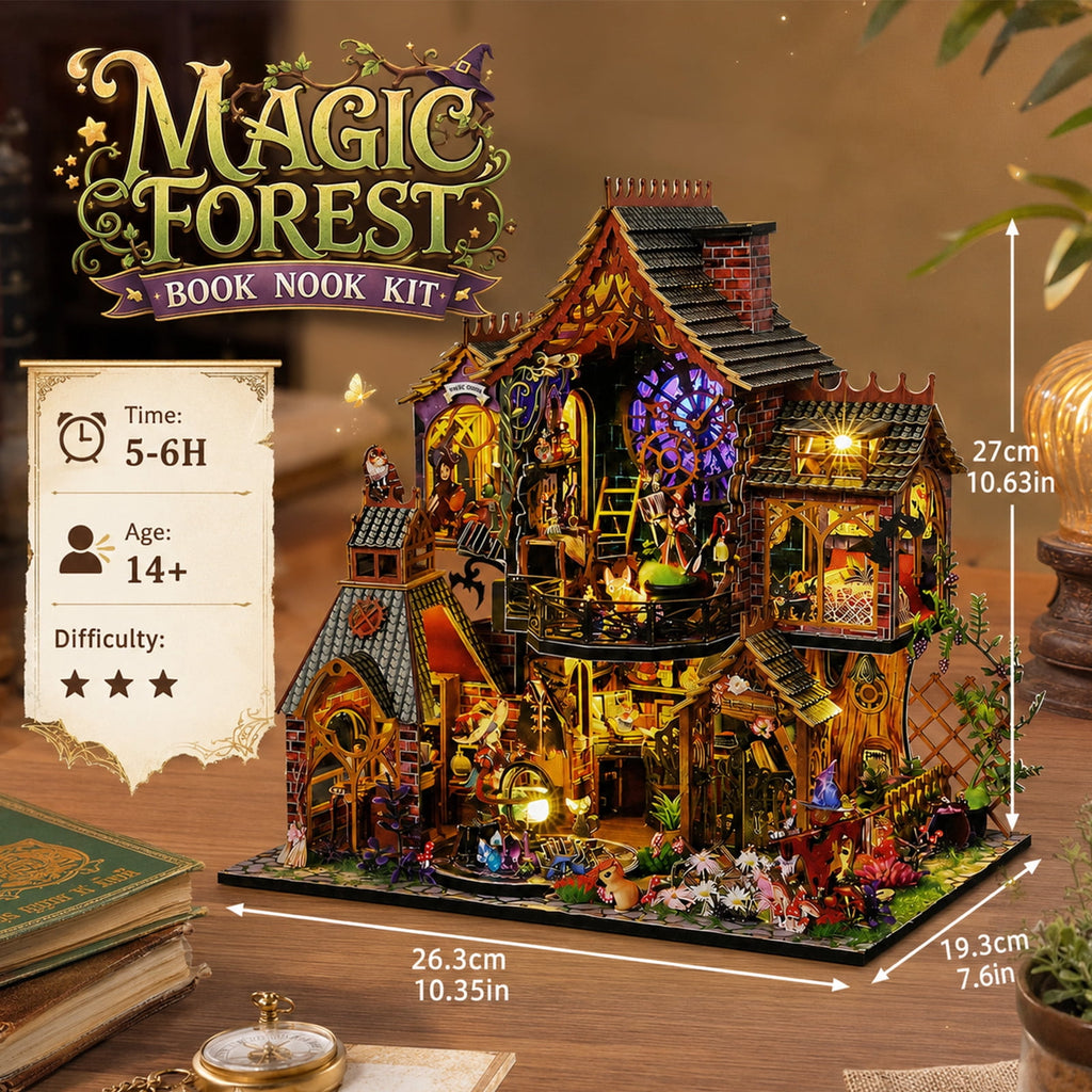 MOJINO Book Nook kit, DIY Miniature House Kit for Adults, Magic Witch House 3D Wooden Puzzle Dollhouse with LED Lights, Fantasy Room Decor and Craft Gift