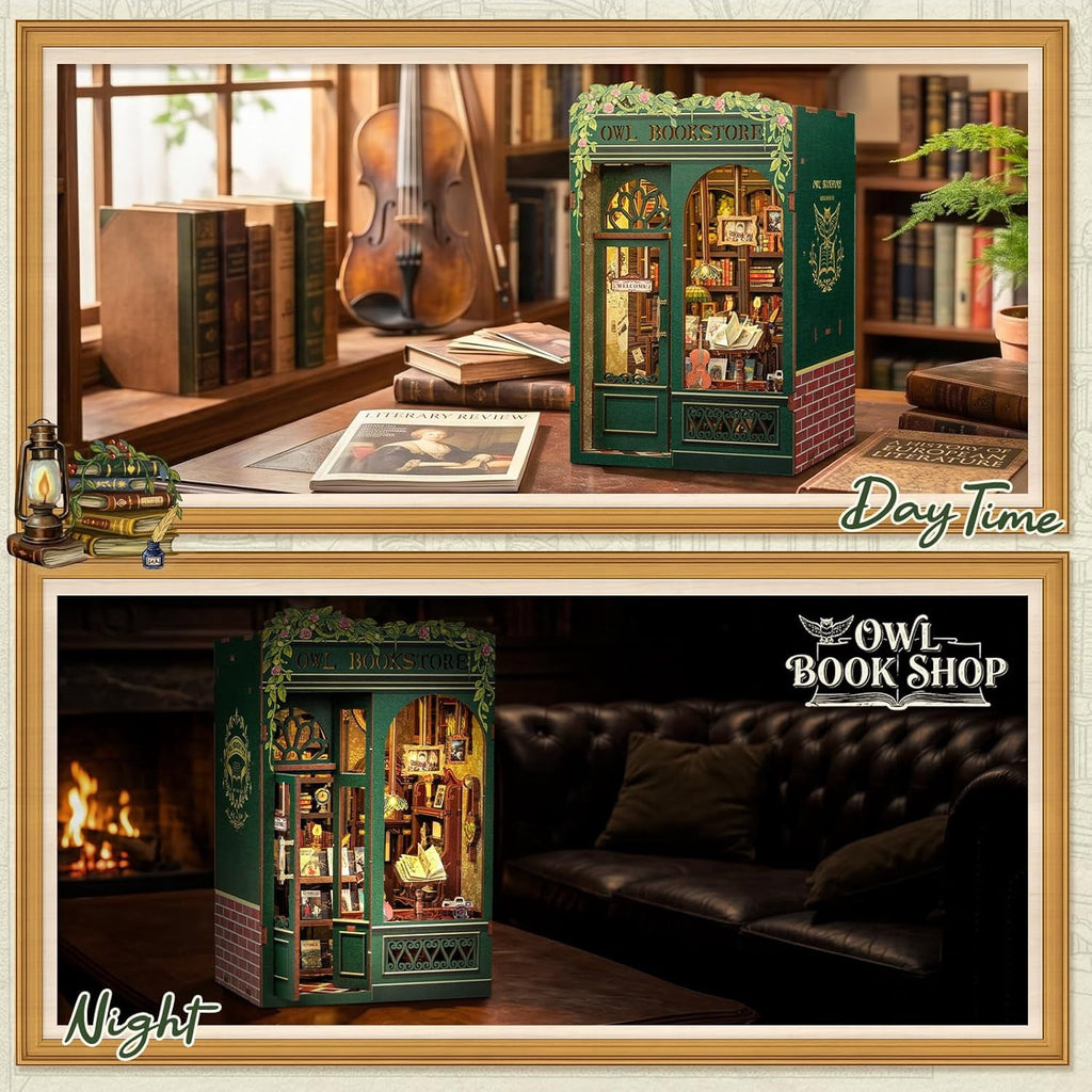 Book Nook Kit, 3D Wooden Mini Book House Puzzle, Handmade DIY Owl Bookstore, Miniature Landscape Bookend
