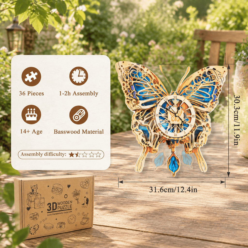 Butterfly Clock 3D Wooden Puzzle Clock DIY Mechanical Craft Kit for Adults Teens