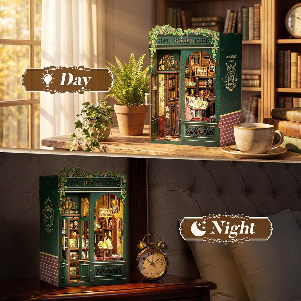 DIY Book Nook Kit, Owl Bookstore Miniature Dollhouse Bookend, Wooden 3D Puzzle Book Corner with LED Light, Handmade Mini House Model Kit for Bookshelf Decor, Gift for Adults & Teens