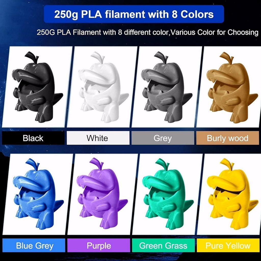 PLA 3D Printer Filament Bundle 8 Spools 250g Each 2kg Total 1.75mm Multicolor Black White Grey Red Blue Orange Green Transparent Individually Vacuum Packed, 3D Printing Filament Refill for 3D Pens