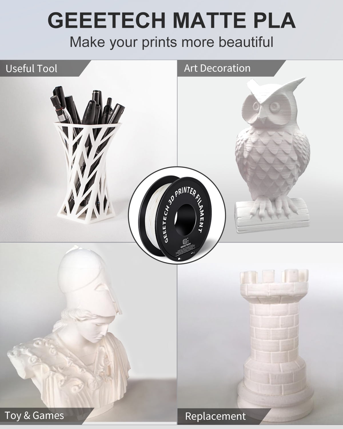 GEEETECH Matte PLA Filament, 1.75mm Matte Black 3D Printer Filament, 1kg Spool (2.2lbs), Dimensional Accuracy +/- 0.03 mm, Fit Most FDM Printer