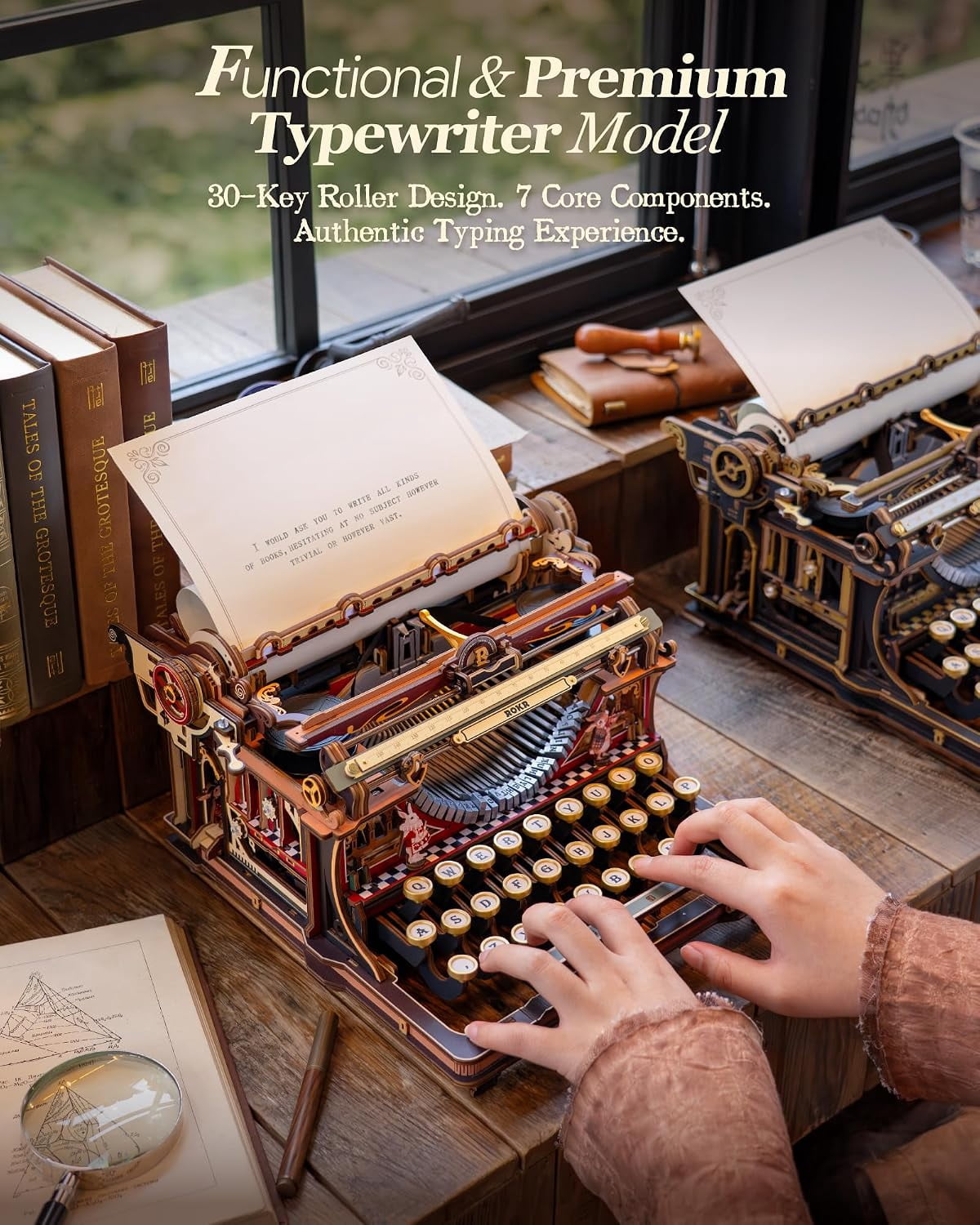 ROKR Mechanical Typewriter 3D Wooden Puzzle for Adults- Vintage Model Kit, No Glue, 324 PCS, 12H Assembly, Magic Version