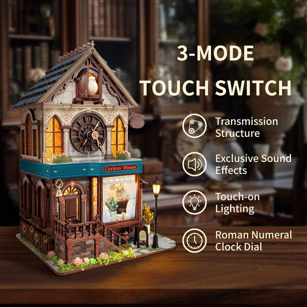 Strucwood DIY Book Nook Kit Cuckoo House: 3-Mode Touch Switch, Sound Effects & LED, 3D Wooden Puzzle Gift for Adults（SQ-61）