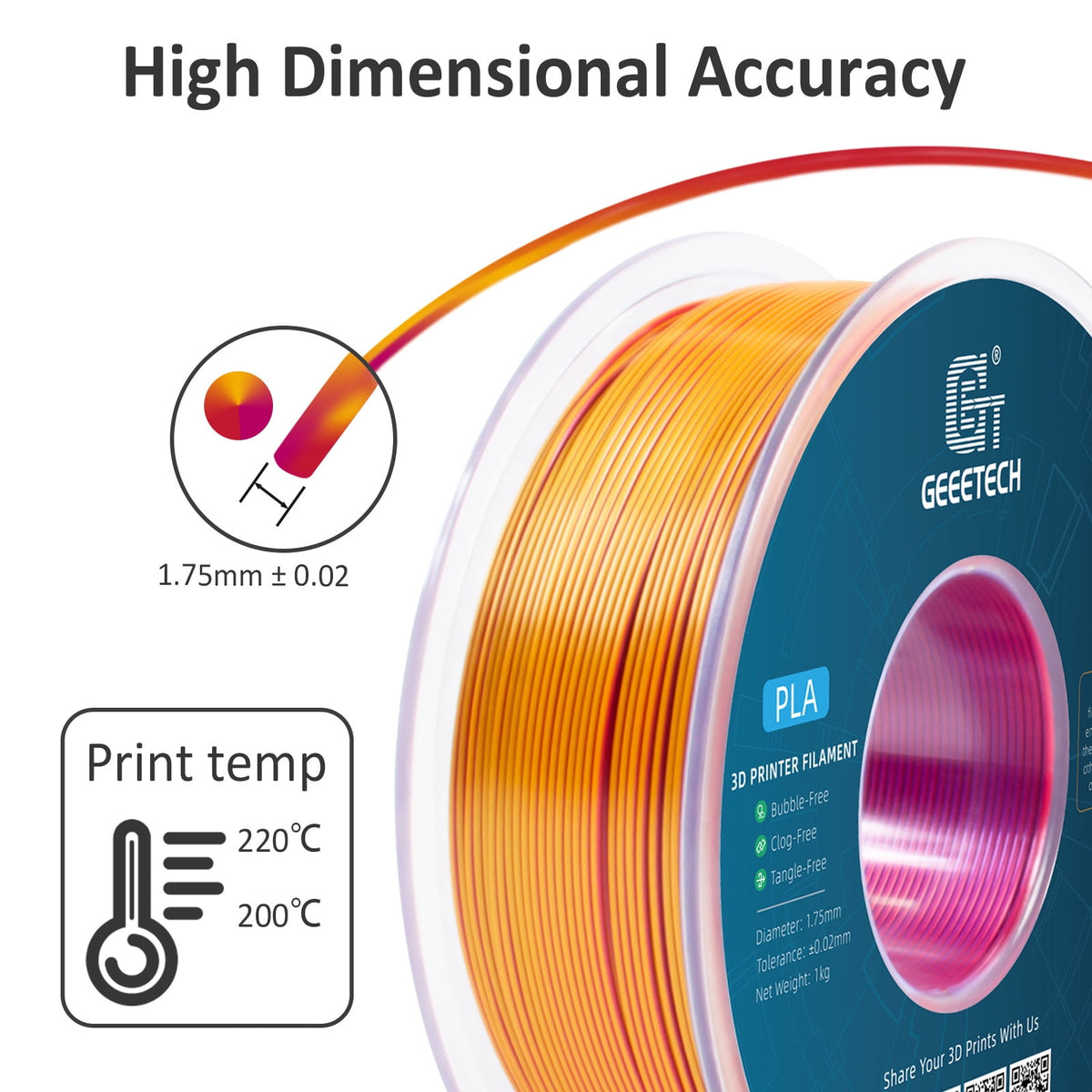 Geeetech Anti-silk type 3D Printer PLA Filament 1kg Toughness Enhanced Filament with 1.75mm Dimensional Accuracy +/-0.03mm, 1080 Feet per Roll, Vacuum Packaging Three-color blue, purple and black