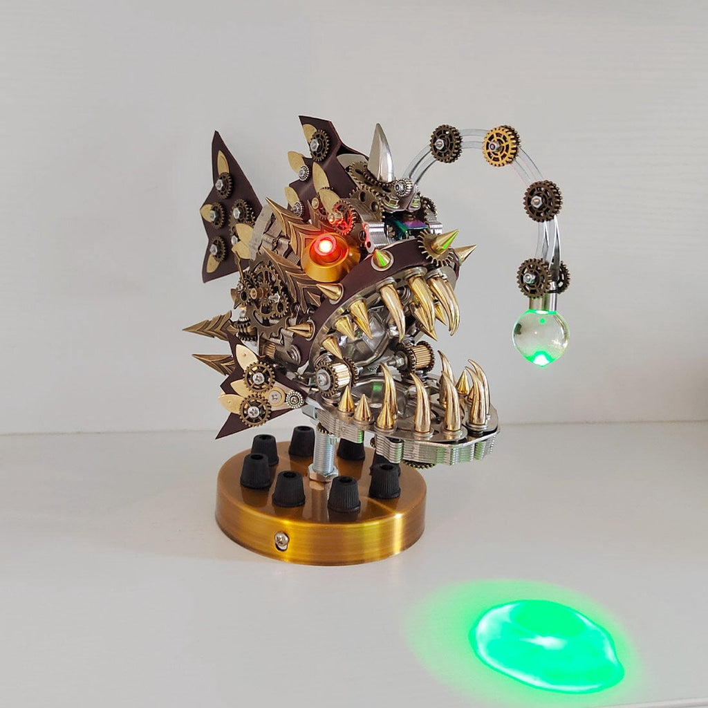 Lantern Fish Model Kit with LED Lights, 3D Metal Puzzle for Adults, DIY Steampunk Anglerfish, 700+ PCS, 7-Color Light, Articulated Jaw, Desk Decor & Holiday Gift