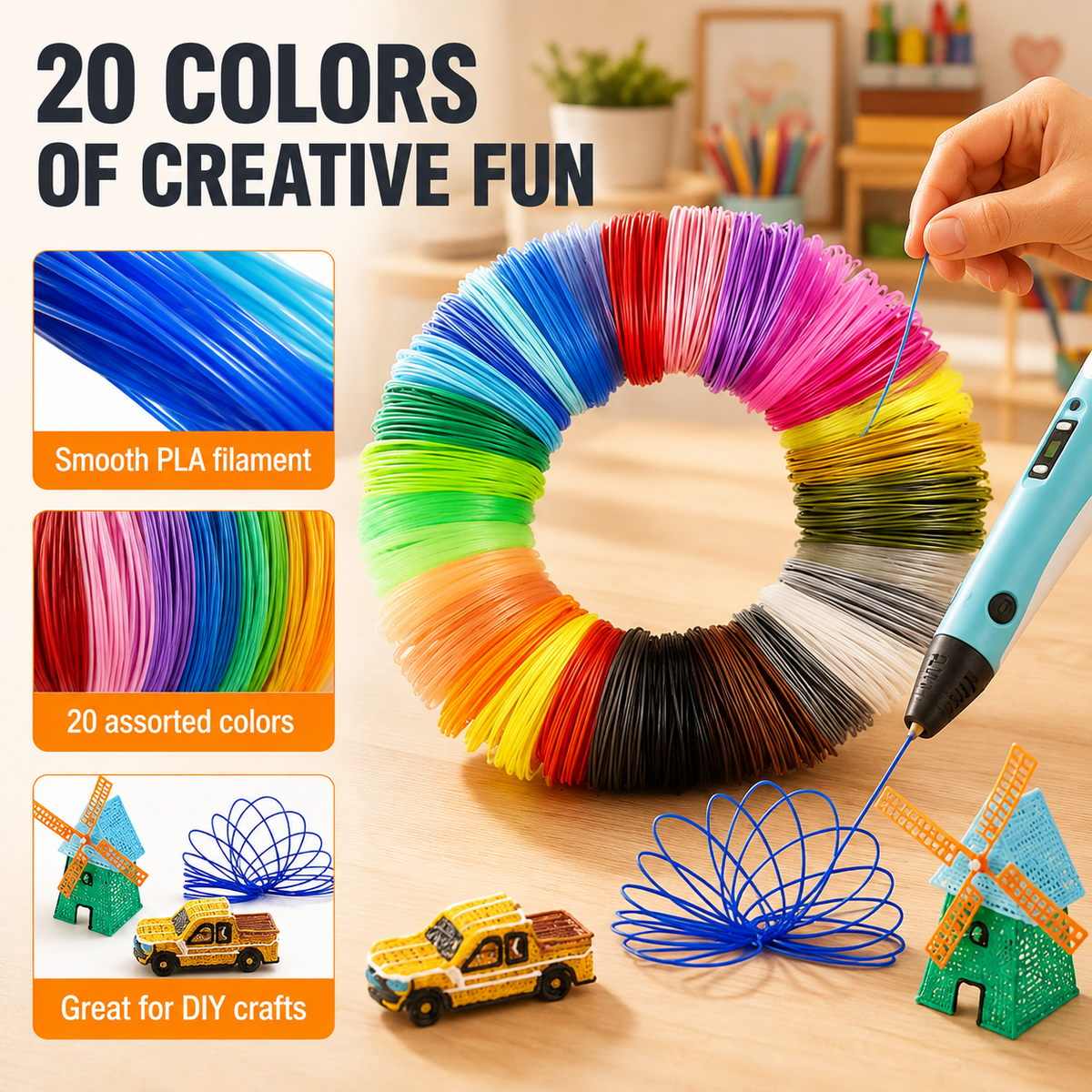 PLA 3D Pen Filament Refills, 20 Colors 3D Printing Filament, 3 Meters Each Color, 60 Meters Total for 3D Drawing and Craft Projects