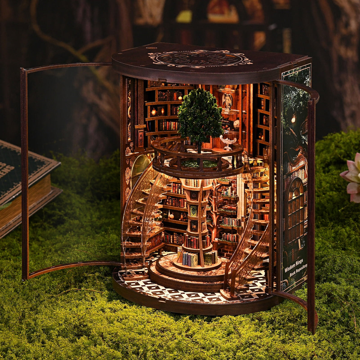 Structwood DIY Book Nook Kit Wisdom Rings Book Repository Wooden Puzzle 3D Miniature Doll House Model with Sensor LED Lights Gift for Adults(AH01-005)