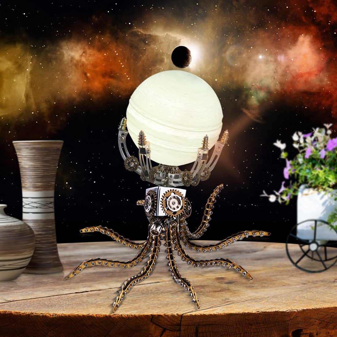 Mechanical Octopus 3D Metal Model Kit with Moon Lamp, Touch 3 Colors, Customizable Steampunk Puzzle & Desk Light, Perfect Room Decor and Gift Choice