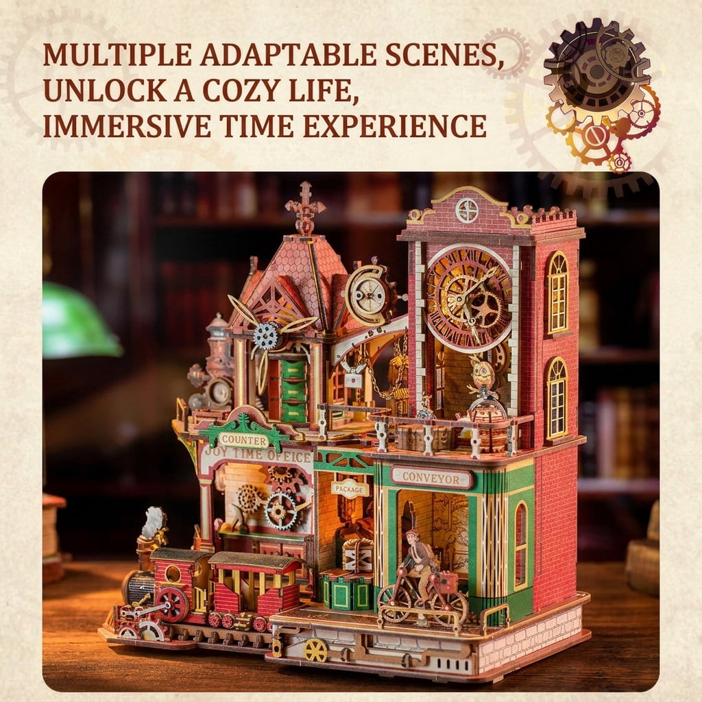 3D Wooden Puzzle Time Post Office Model Art & Craft Kits, DIY Assemble Miniature House Display Model
