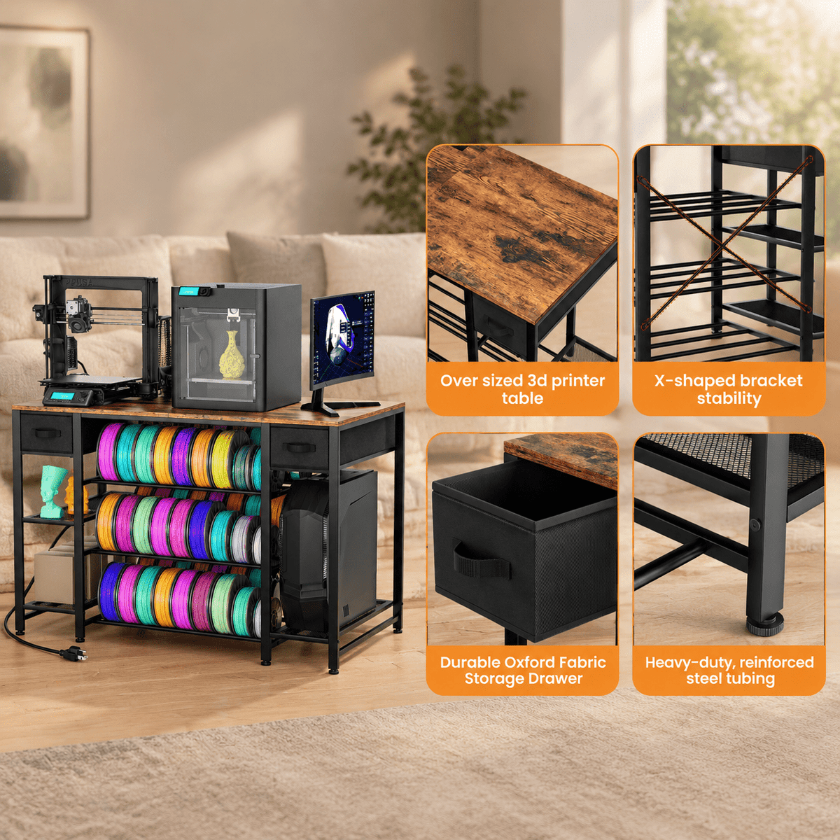 Rectangular Brown Heavy Duty Metal 3D Printer Table with Storage Drawer and Power Hub