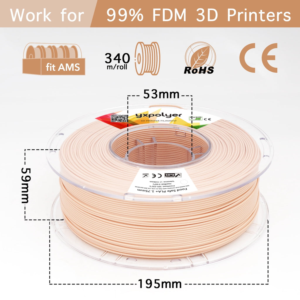 YXPOLYER PLA Filament Food Grade 1.75mm 1kg for 3D Printing, PLA+ Skin Flesh Tone 3D Printer Filament AMS-Compatible