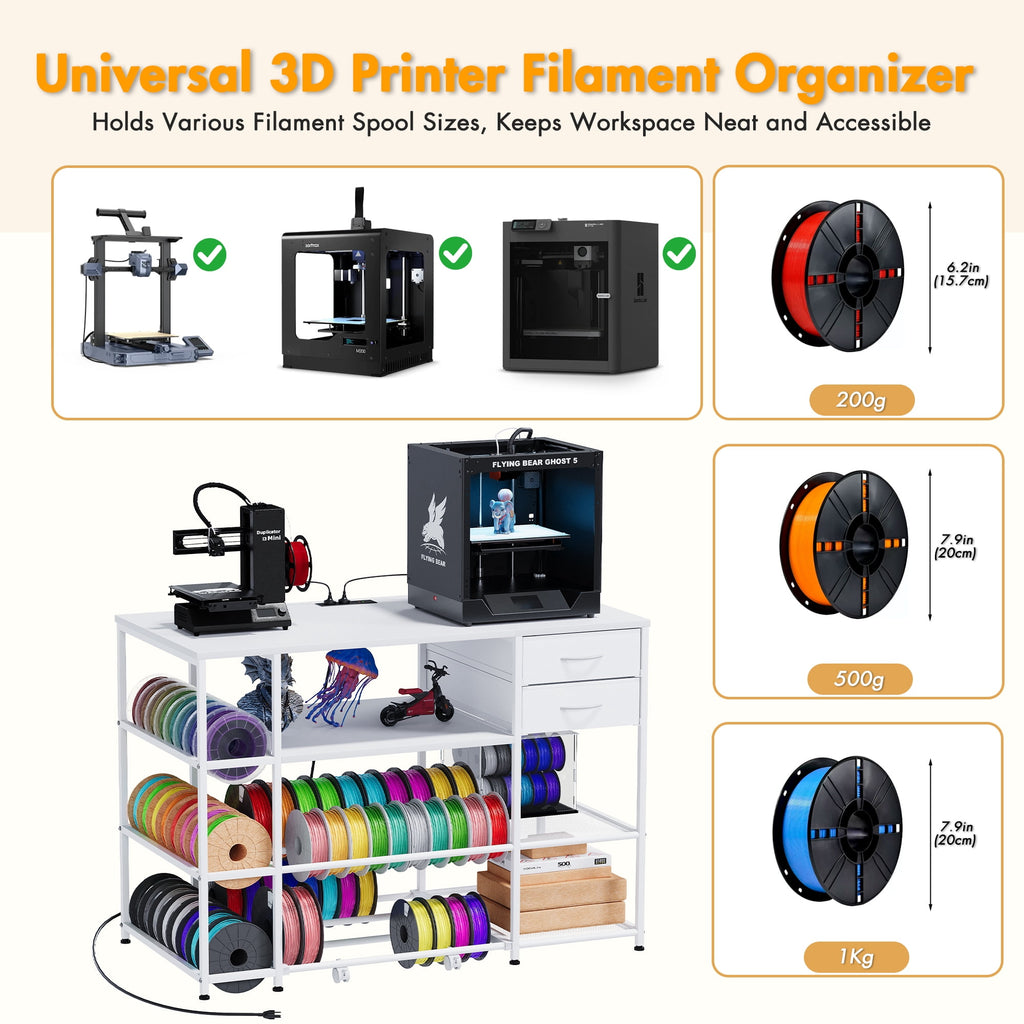 Advwin 47" Heavy Duty 3D Printer Stand with Power Outlet, Pull-Out Rolling Filament Storage Rack, 2 Fabric Drawers & Open Shelves, 3D Printer Table Workstation for Home Office Studio, Black