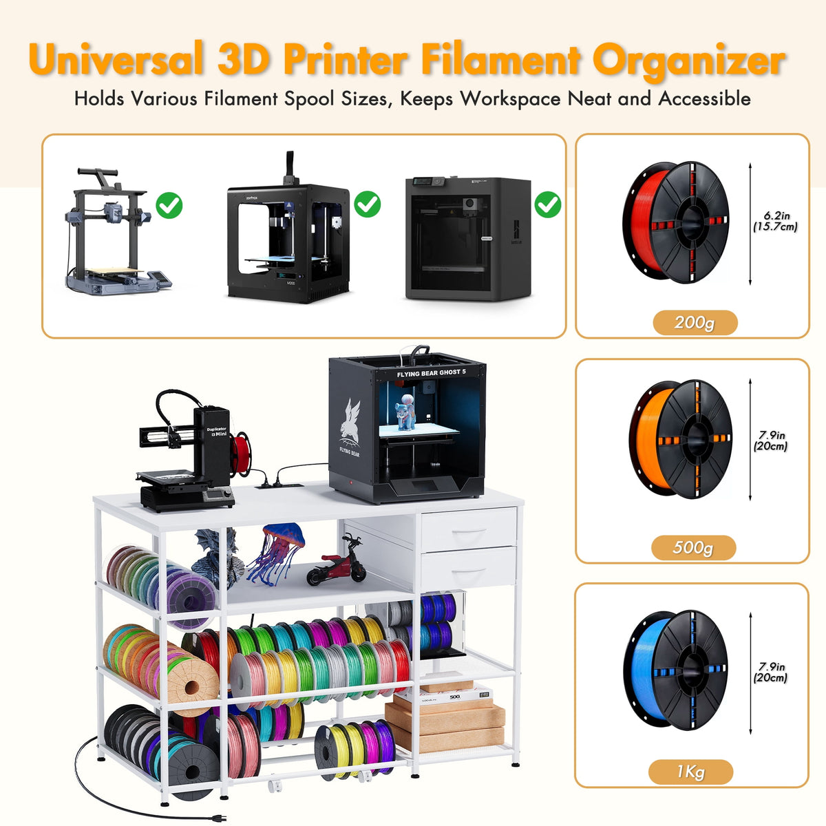 Advwin 47" Heavy Duty 3D Printer Stand with Power Outlet, Pull-Out Rolling Filament Storage Rack, 2 Fabric Drawers & Open Shelves, 3D Printer Table Workstation for Home Office Studio, Black