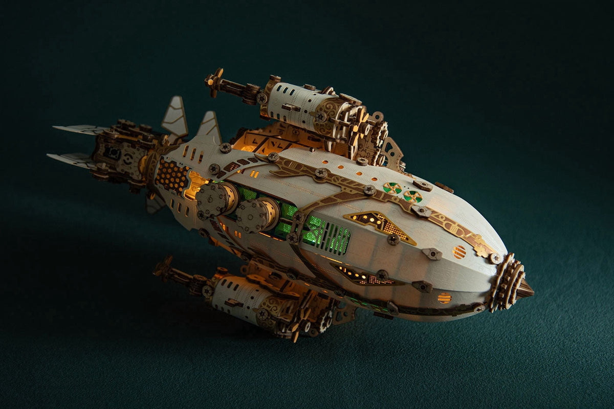 Steampunk Airship Blimp 3D Wooden Puzzle Model Kit with LED Lights, Vintage Desk Decor Craft Gift for Adults