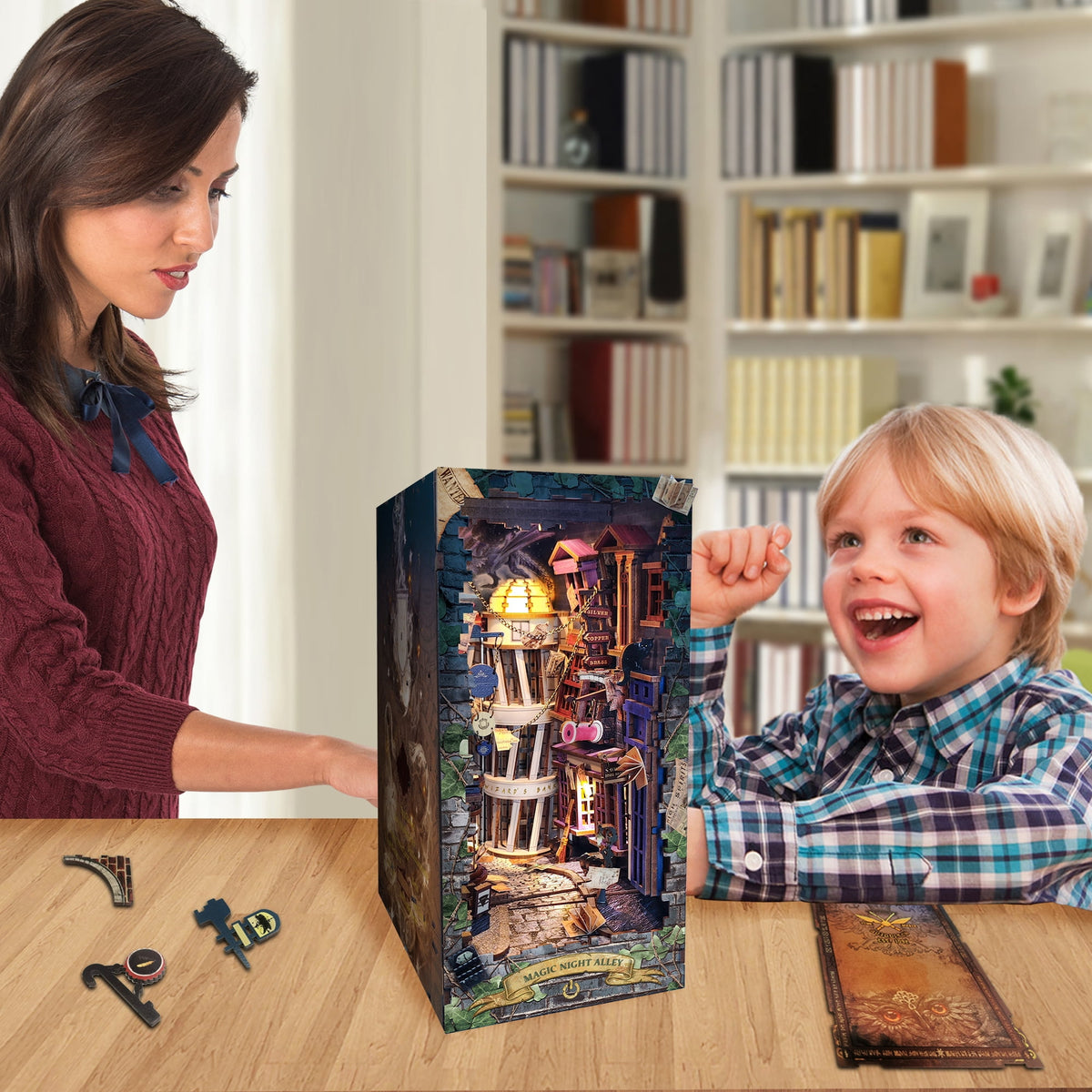 Strucwood DIY Book Nook Kit Magic Night Alley Wooden Puzzles with LED Dust Cover,3D Crafts Hobbies,Gifts for Adults(SQ-16)