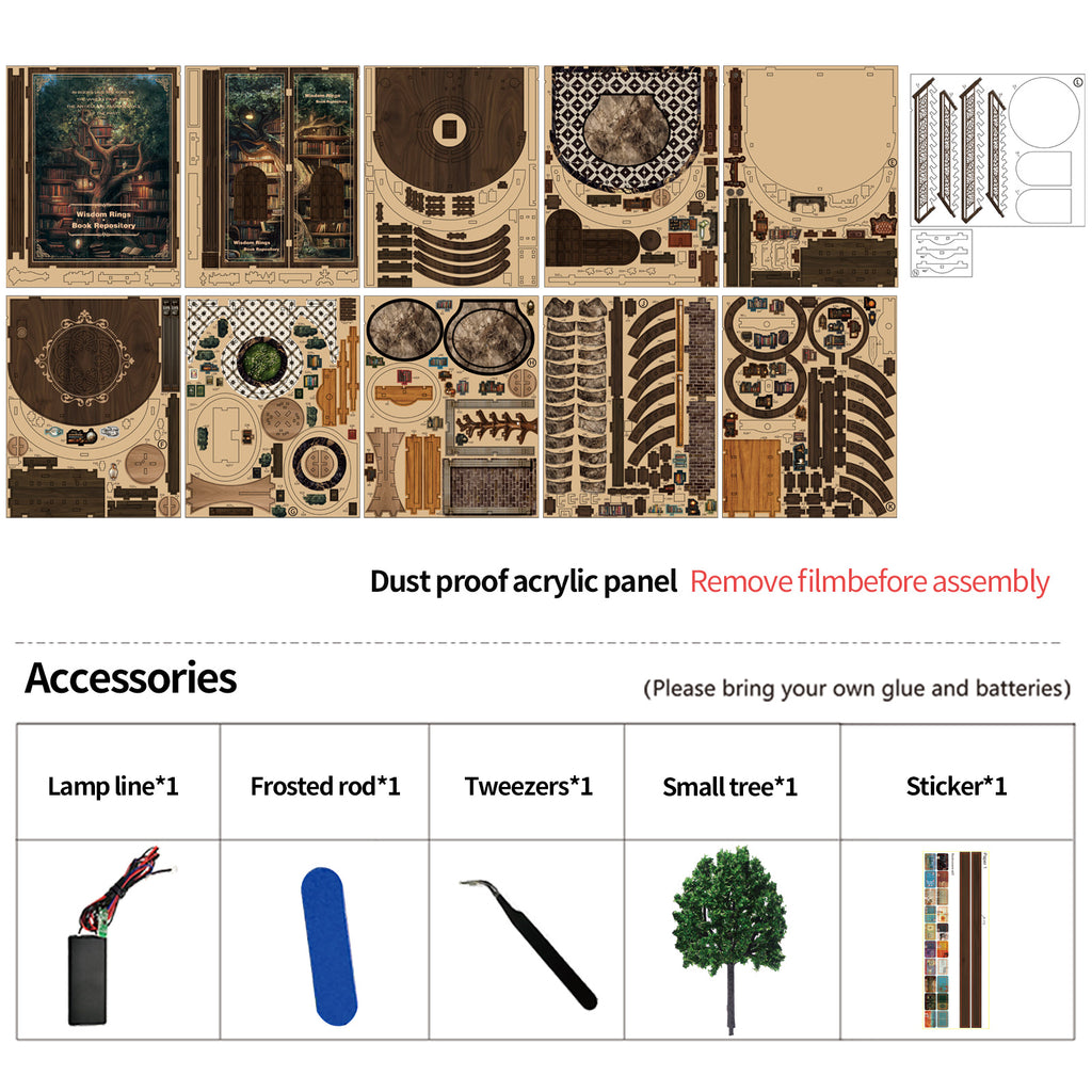 Structwood DIY Book Nook Kit Wisdom Rings Book Repository Wooden Puzzle 3D Miniature Doll House Model with Sensor LED Lights Gift for Adults(AH01-005)