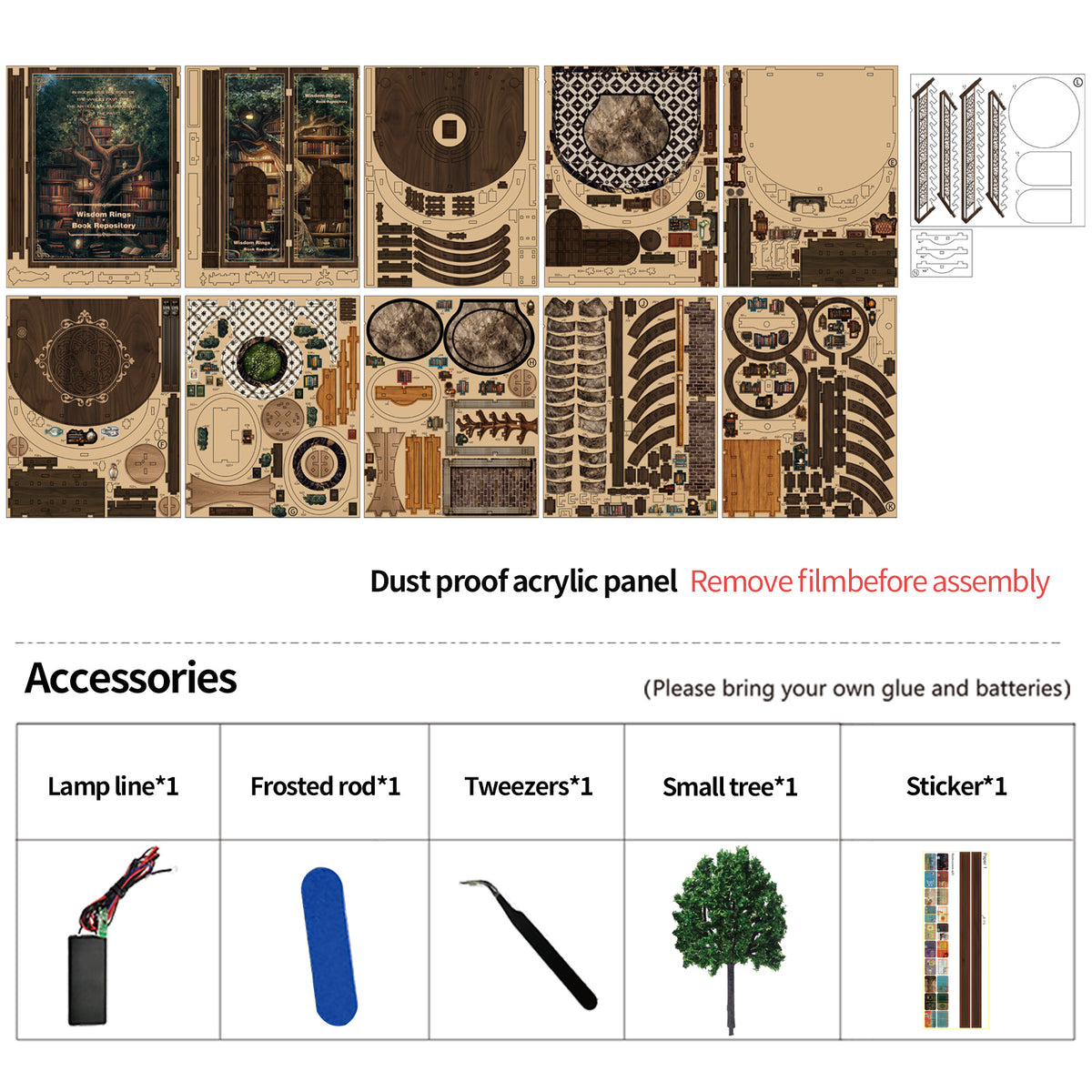 Structwood DIY Book Nook Kit Wisdom Rings Book Repository Wooden Puzzle 3D Miniature Doll House Model with Sensor LED Lights Gift for Adults(AH01-005)