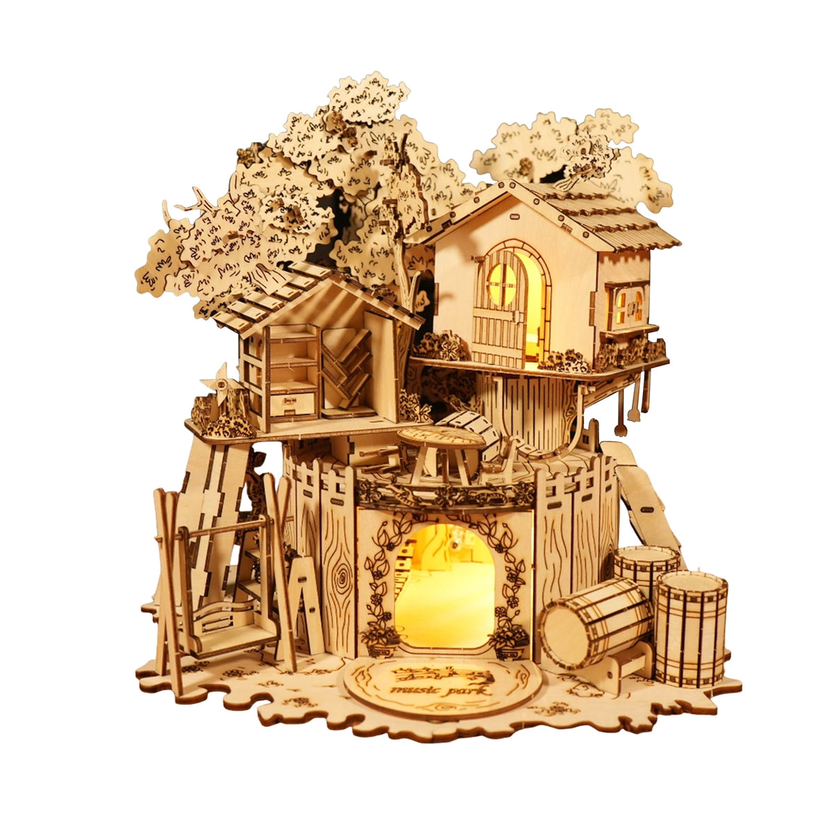 Music Park 3D Wooden Puzzle Treehouse for Adult to Build DIY Miniature Model Kit without LED Home Decor,Christmas and Birthday Gift