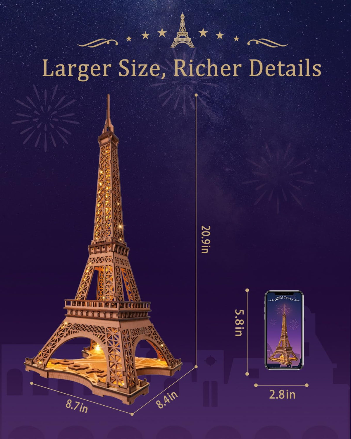 Rolife Night of the Eiffel Tower 3D Wooden Puzzle,Craft Kits With Lights Architecture Construction Model for Teens Adult