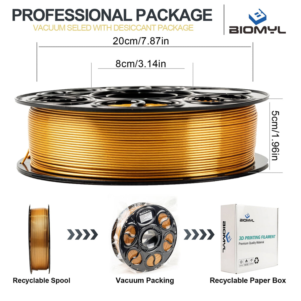 BIOMYL PLA 3D Printer Filament, PLA Filament 1.75mm Metal Gradient Color silk PLA, Tri Gold/Silver/Copper, 1kg Spool, Accuracy +/- 0.03mm