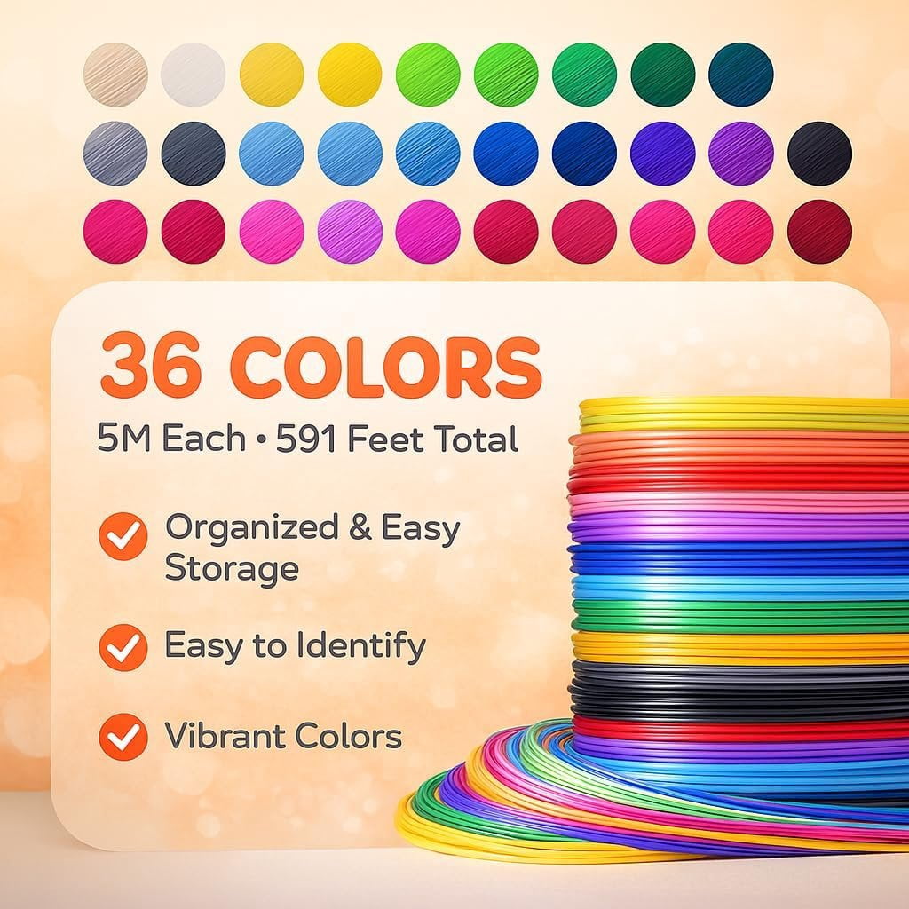 36 Colors PLA Filament Pen Refills, 5M Each Color (591 ), PLA Filament for Pen 1.75mm, Pen Filament Box Compatible with , MYNT3D, PIKA3D