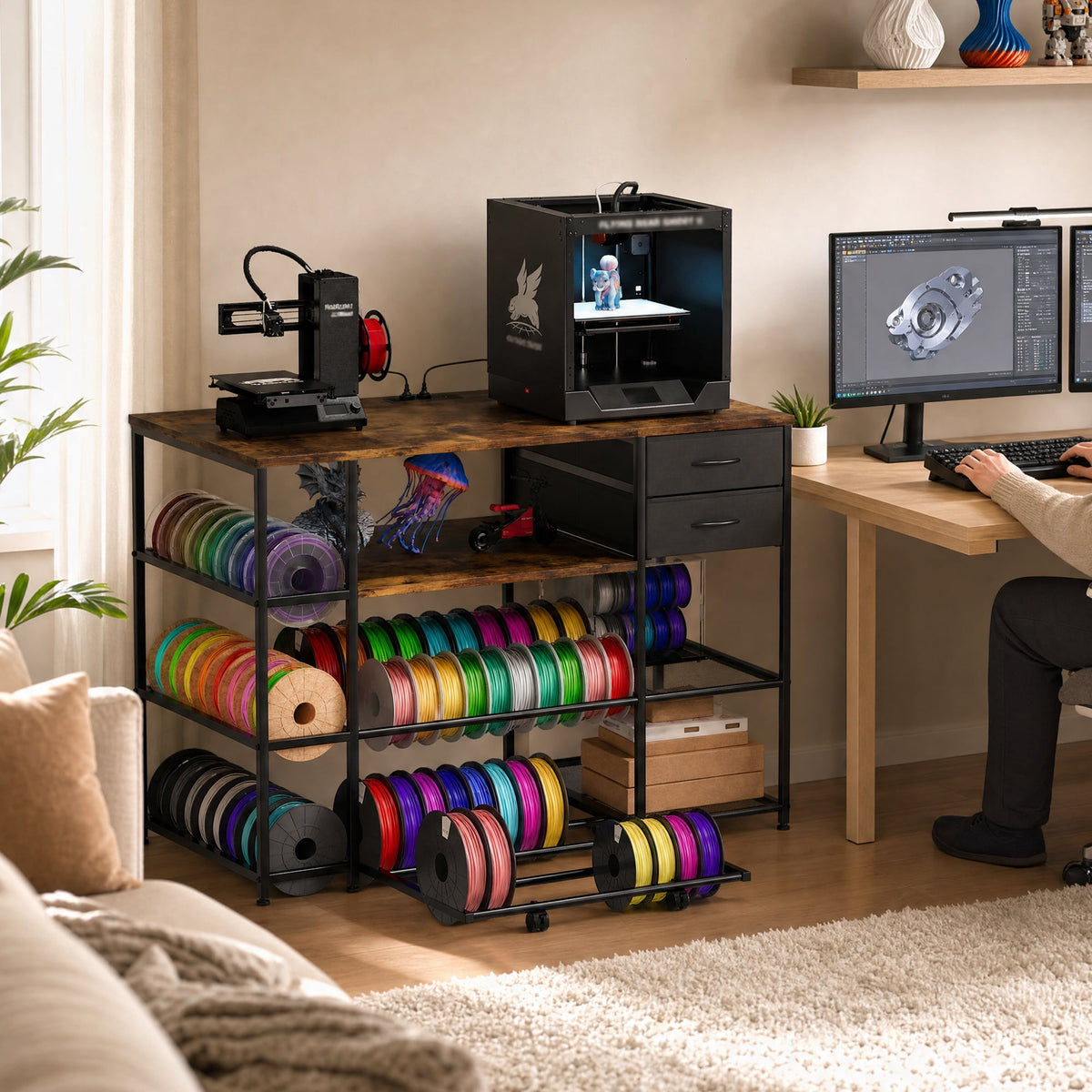 Advwin 47" Heavy Duty 3D Printer Stand with Power Outlet, Pull-Out Rolling Filament Storage Rack, 2 Fabric Drawers & Open Shelves, 3D Printer Table Workstation for Home Office Studio, Black