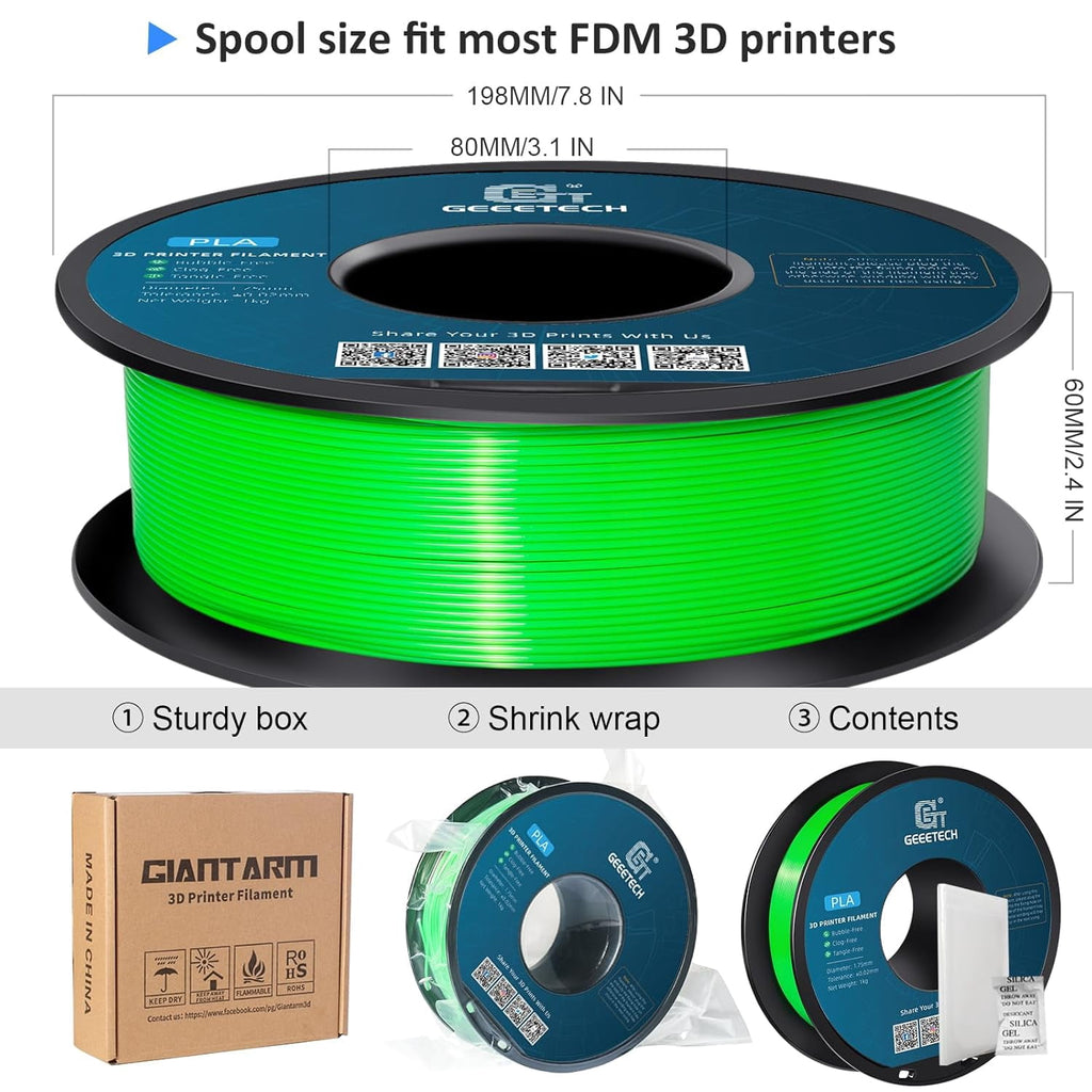 Geeetech 3D Printer PLA Filament Silk Sky Blue Toughness Enhanced Filament with 1.75mm Dimensional Accuracy +/-0.03mm, 1080 Feet per Roll, Vacuum Packaging for Most 3D FDM Printer