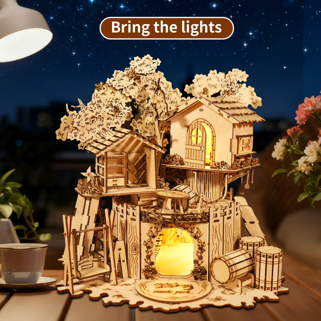 Music Park 3D Wooden Puzzle Treehouse for Adult to Build DIY Miniature Model Kit without LED Home Decor,Christmas and Birthday Gift