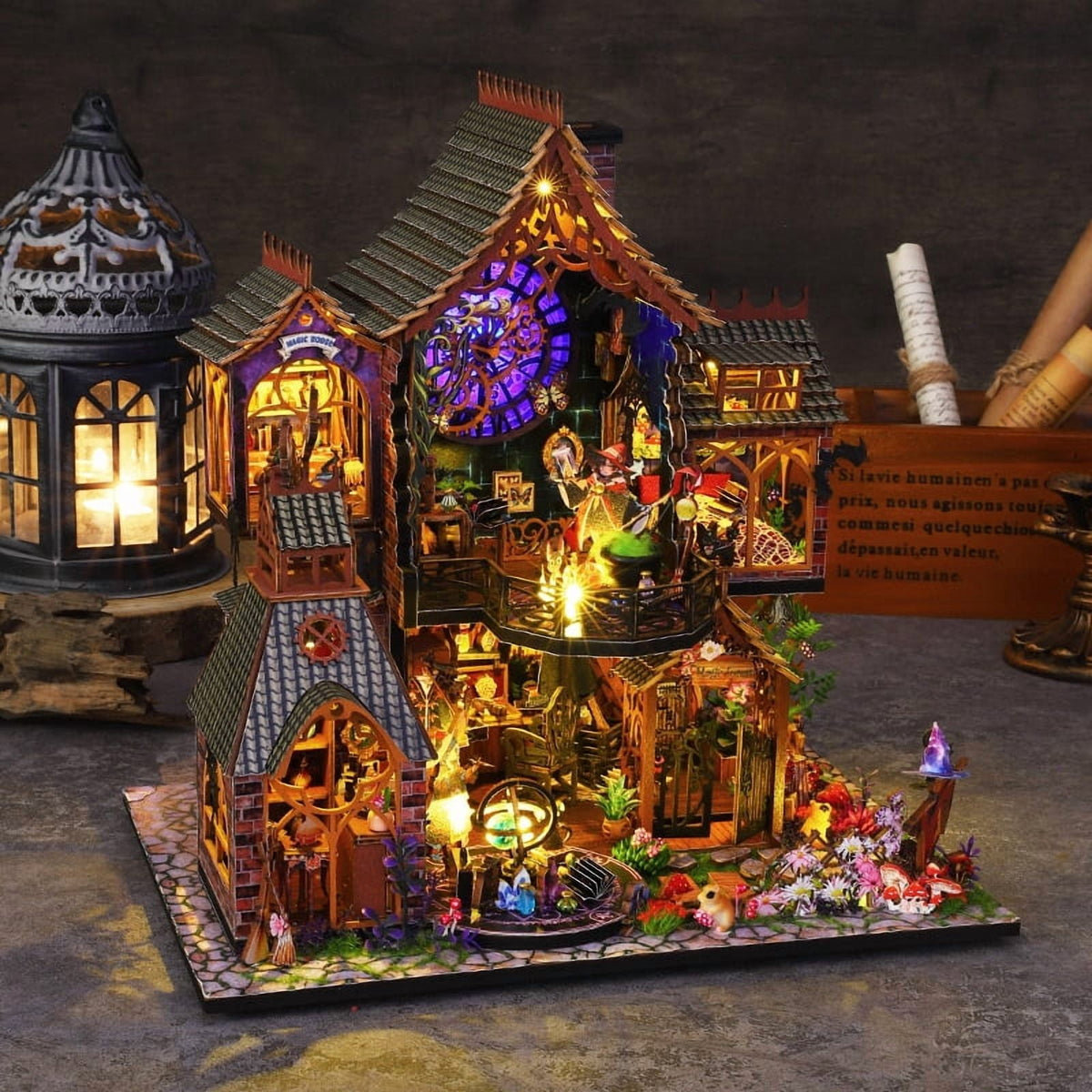 Magic Spirit 3D Wooden Miniature Model Kit - Enchanted Wizard Cottage with Glowing LED Windows, Fantasy Forest Villa DIY Puzzle Gift for Adults and Hobbyists