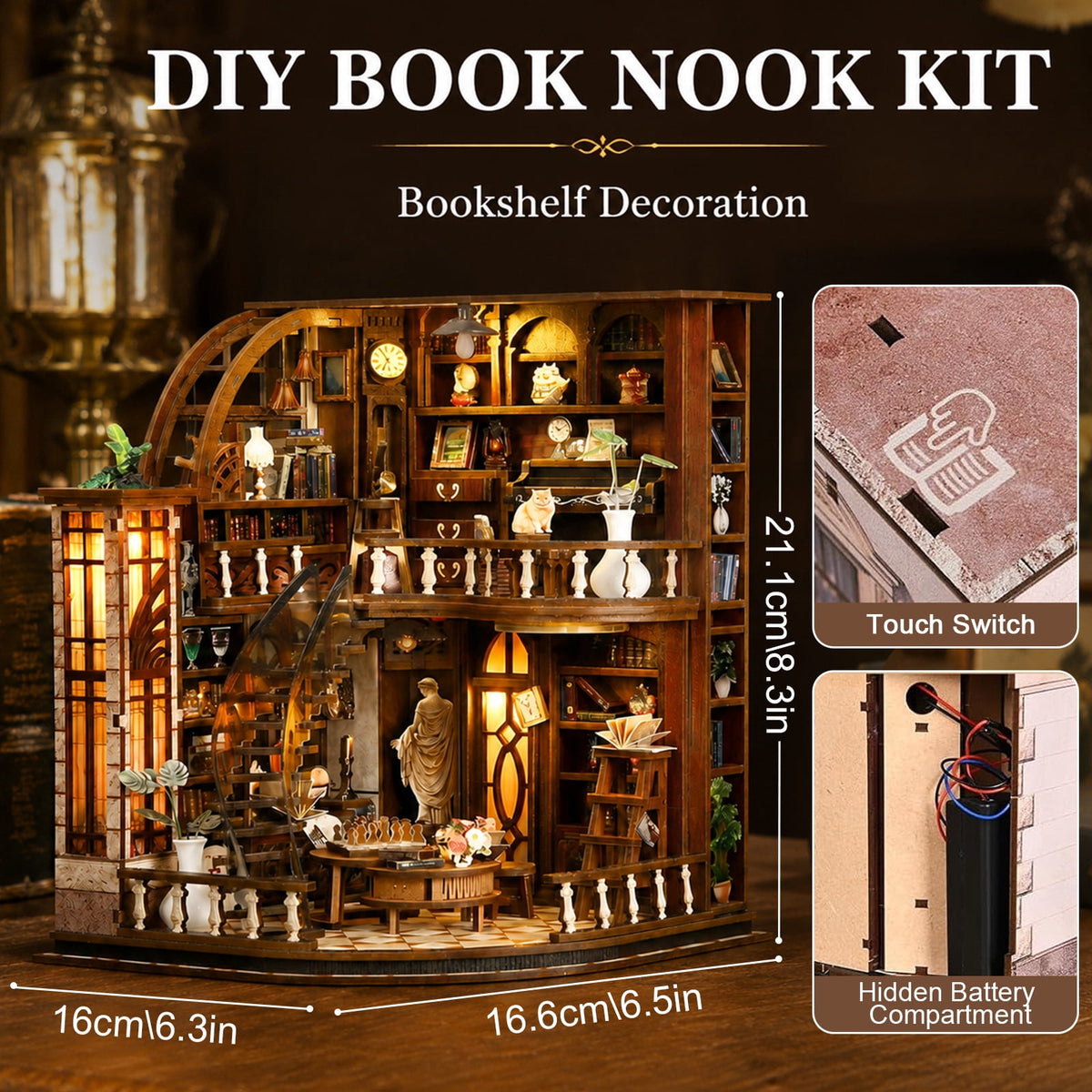 MOJINO Bacchus Bookstore Book Nook Kit for Adults, DIY Miniature House Kit with LED Light, 3D Wooden Puzzle Bookshelf Decor, Vintage Craft Kit