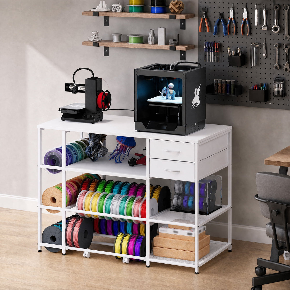 Advwin 47" Heavy Duty 3D Printer Stand with Power Outlet, Pull-Out Rolling Filament Storage Rack, 2 Fabric Drawers & Open Shelves, 3D Printer Table Workstation for Home Office Studio, Black