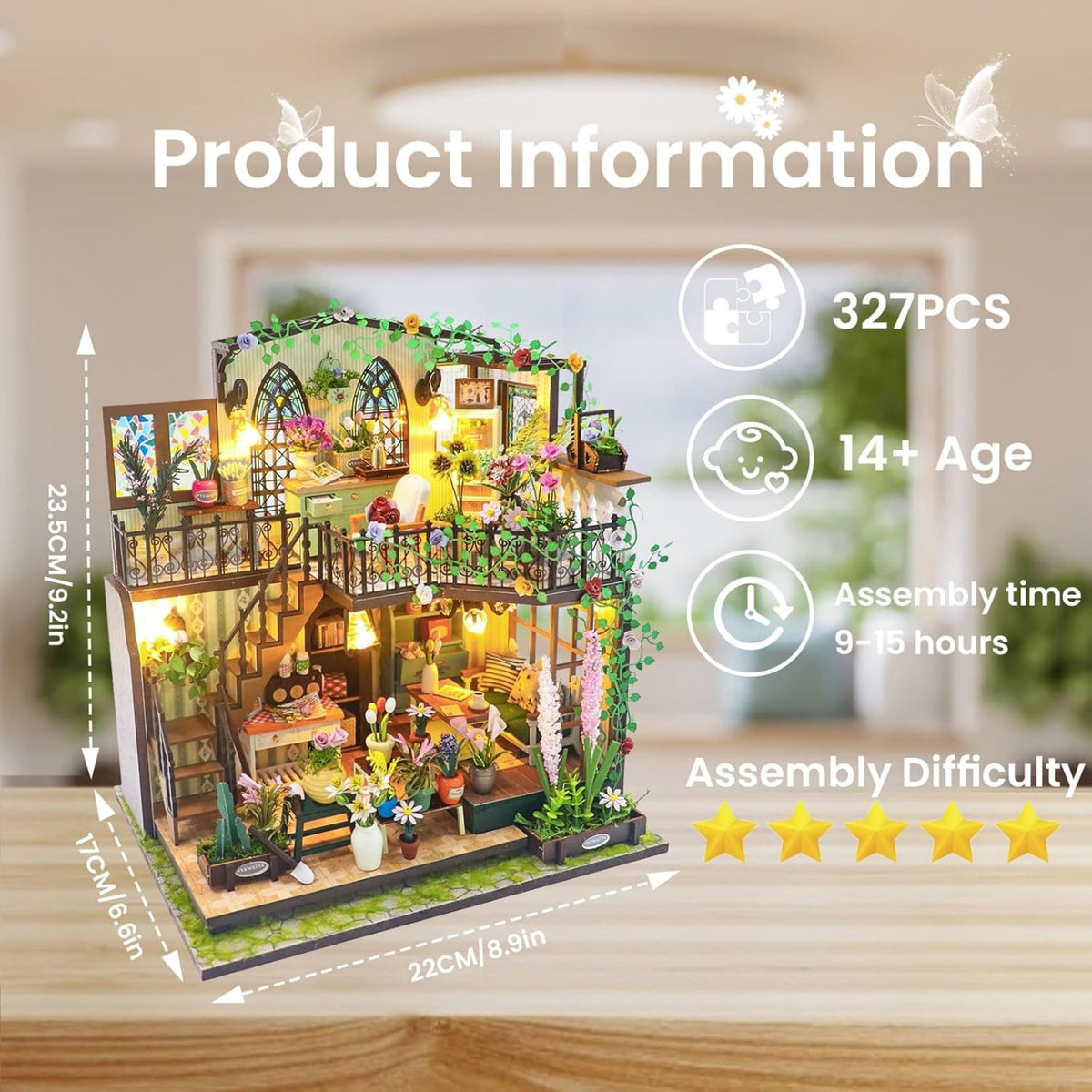 Book Nook Kit, Miniature Garden House 3D Wooden Puzzle with LED Light and Furniture, Bookshelf Decor Craft Gift for Adults