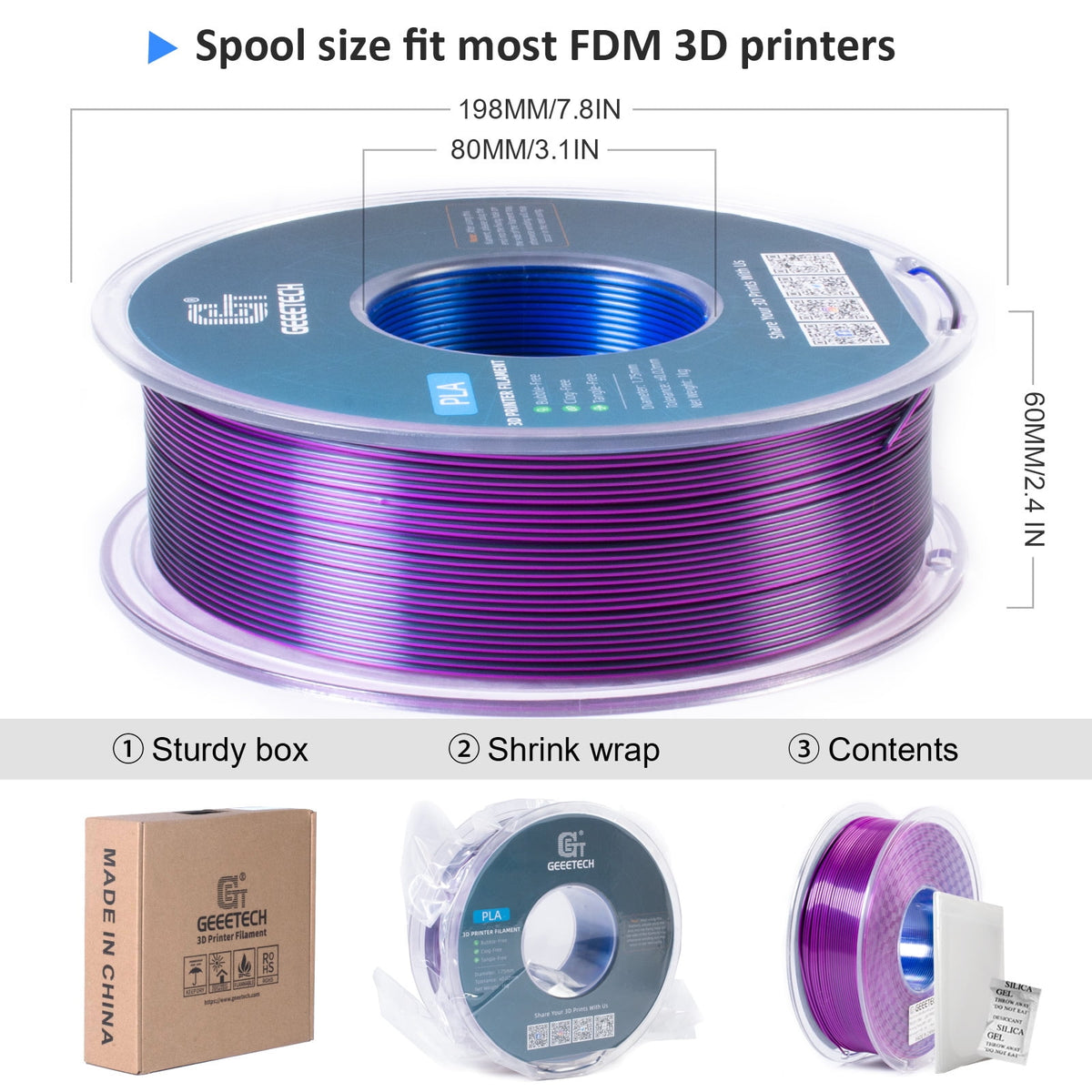 Geeetech Anti-silk type 3D Printer PLA Filament 1kg Toughness Enhanced Filament with 1.75mm Dimensional Accuracy +/-0.03mm, 1080 Feet per Roll, Vacuum Packaging Three-color blue, purple and black