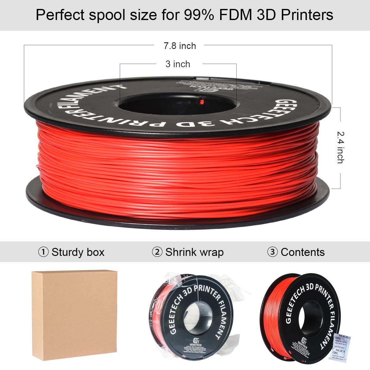 GEEETECH 3D Printer Red PLA Filament 1.75mm 1kg Spool (2.2lbs),Dimensional Accuracy +/- 0.03mm