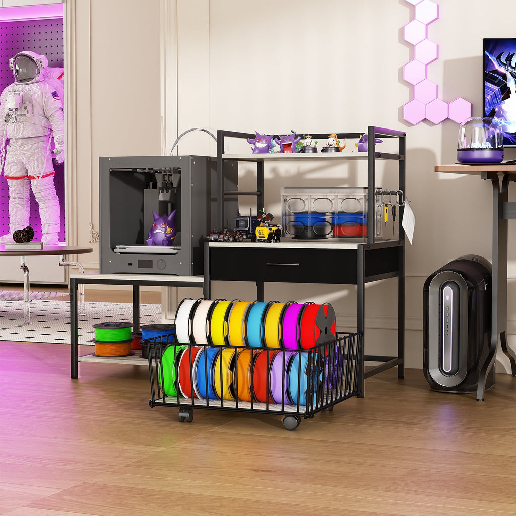 Heavy Duty 3D Printer Stand with Storage Shelf and Drawer, Industrial Rolling Printer Rack for 3D Printer Filament and Tools, Sturdy Metal Frame Printer Table for Home Office Workshop