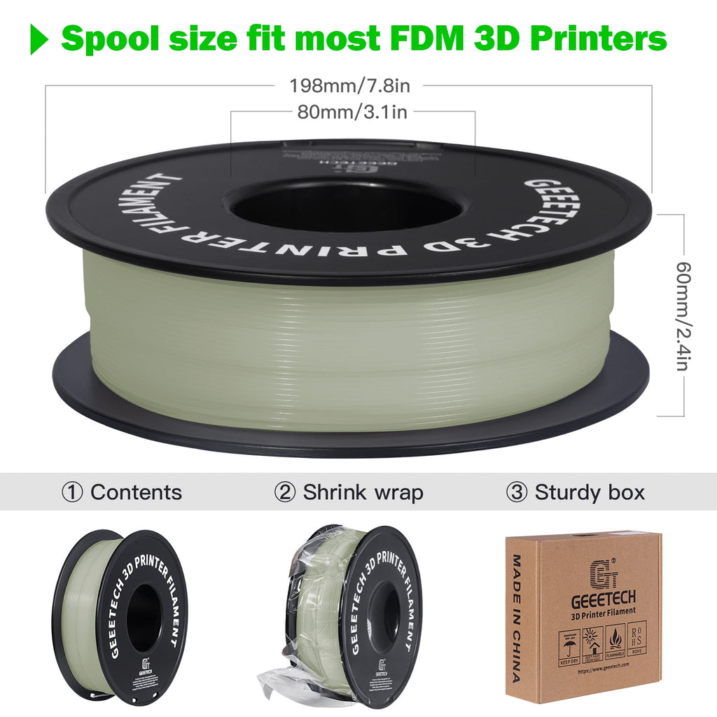 Geeetech Glow in The Dark PLA 3D Printer Filaments, 1 kg Spool with Desiccant, for Most 3D Printers, Blue