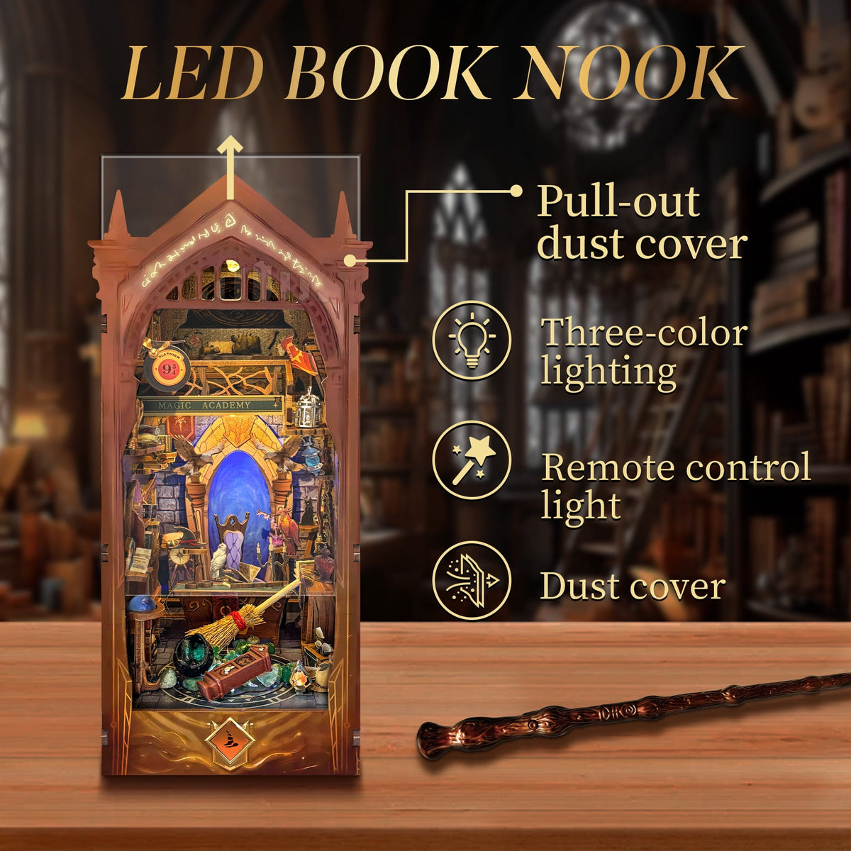 Strucwood DIY Book Nook Kit Magic Academy: 3-Color LED, Remote Control & Dust Cover, 3D Wooden Puzzle Gift for Adults（SQ-38）