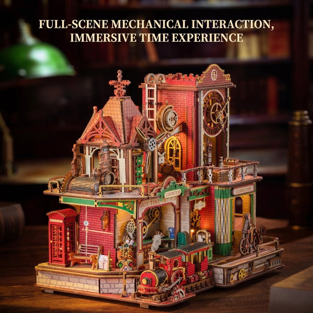 3D Wooden Puzzle Time Post Office Model Art & Craft Kits, DIY Assemble Miniature House Display Model