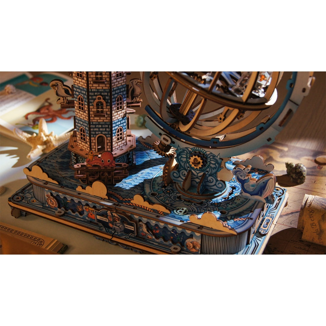 3D Wooden Puzzle Seaside Lighthouse Cabin Coastal Village Desk, 360 PCS, DIY Assembly Miniature Building Model Kit For Home Decor, Shelf Display And Creative Gifts