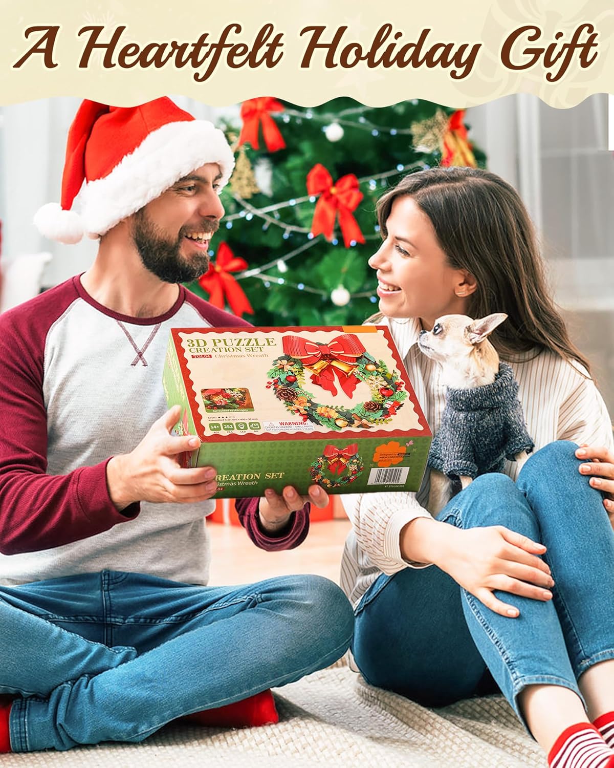 Rolife Christmas Wreath 3D Wooden Puzzle, DIY Holiday Decor with Red Bow, Pine Cones, Berries & Bells, Hanging Ornament for Door Window Fireplace, Creative Gift for Adults Family