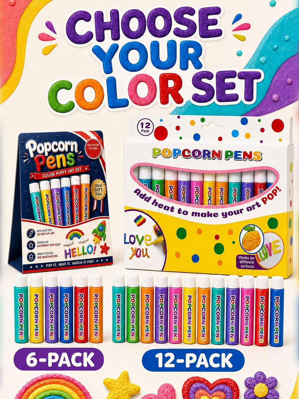 3D Relief Art Pen, Popcornpens Works On Different Surfaces（12 color,2pcs）