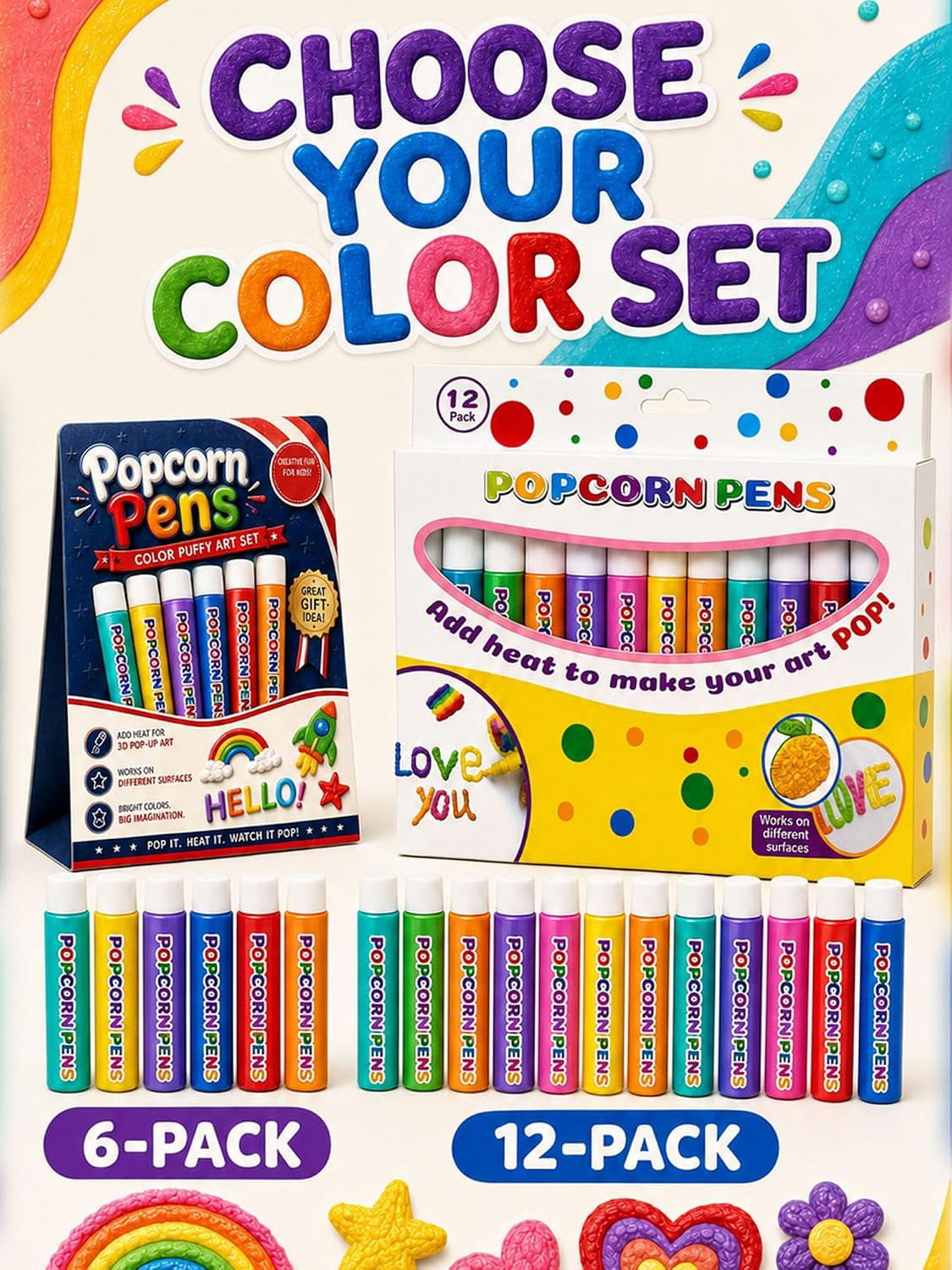 3D Relief Art Pen, Popcornpens Works On Different Surfaces（12 color,2pcs）
