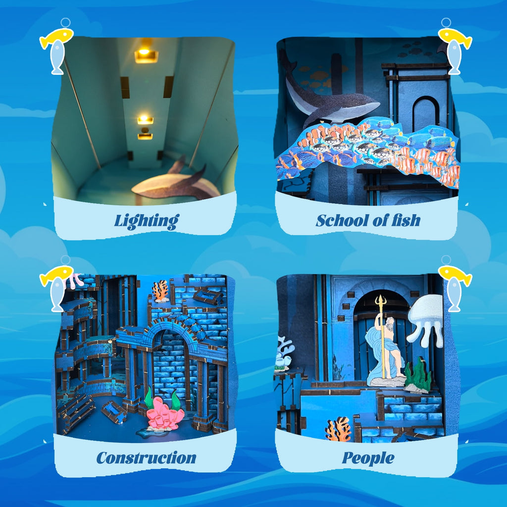 Book Nook 3D Wooden Puzzle for Adults DIY Atlantis Underwater City with Sensor Light Bookshelf Decor Birthday Christmas Gift