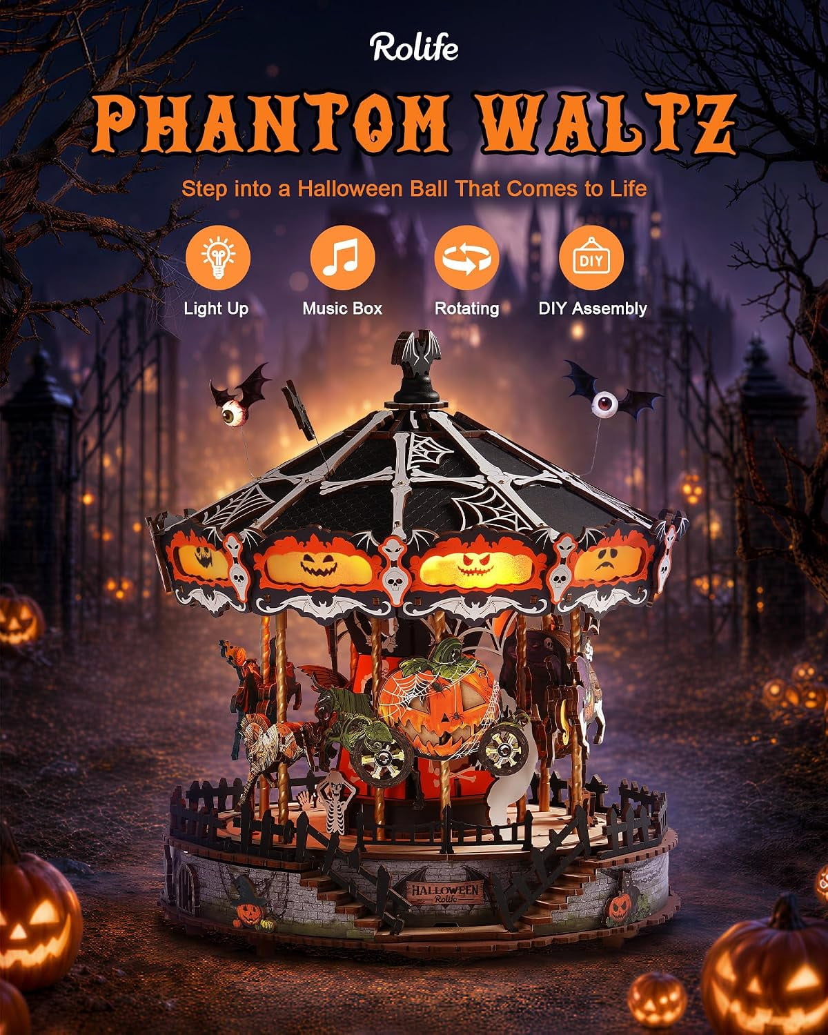 Rolife Phantom Waltz DIY Music Box, 3D Wooden Puzzle with Rotating Halloween Carousel, LED Lights and Music for Adults