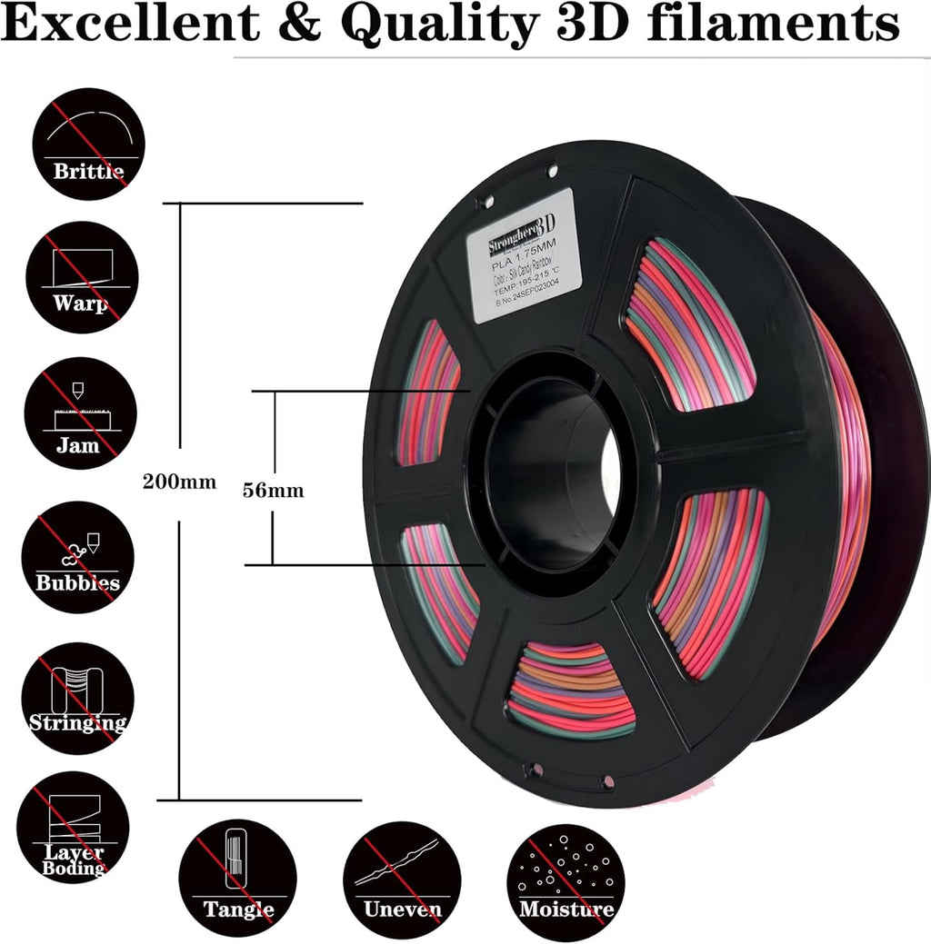 Silk PLA 3D Printer Filament 1.75mm,Candy Rainbow,Multi Color Printing Filament,Color Change for Most Printer,Net Weight 1kg(2.2lbs) Accuracy +/-0.05mm