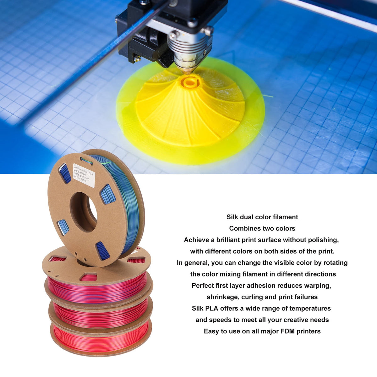 4-Roll Silk Dual Color PLA 3D Printer Filament Bundle, 1.75mm Dimensional Accuracy, Color Changing Spools (Red/Gold, Red/Green, Red/Blue, Blue/Green), 250g per Spool