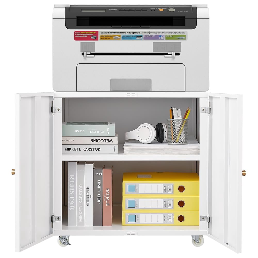 Heavy Duty Metal Printer Stand with Lockable Doors - Adjustable Shelf & Wheels - Large Mobile Filing Cabinet for Office Storage, 3D Printers, Copiers, Heat Press - 90kg Capacity - White, Big